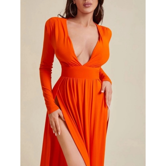 SHEIN Sexy Plunging Neck High Split Dress - Orange - Picture 4 of 16